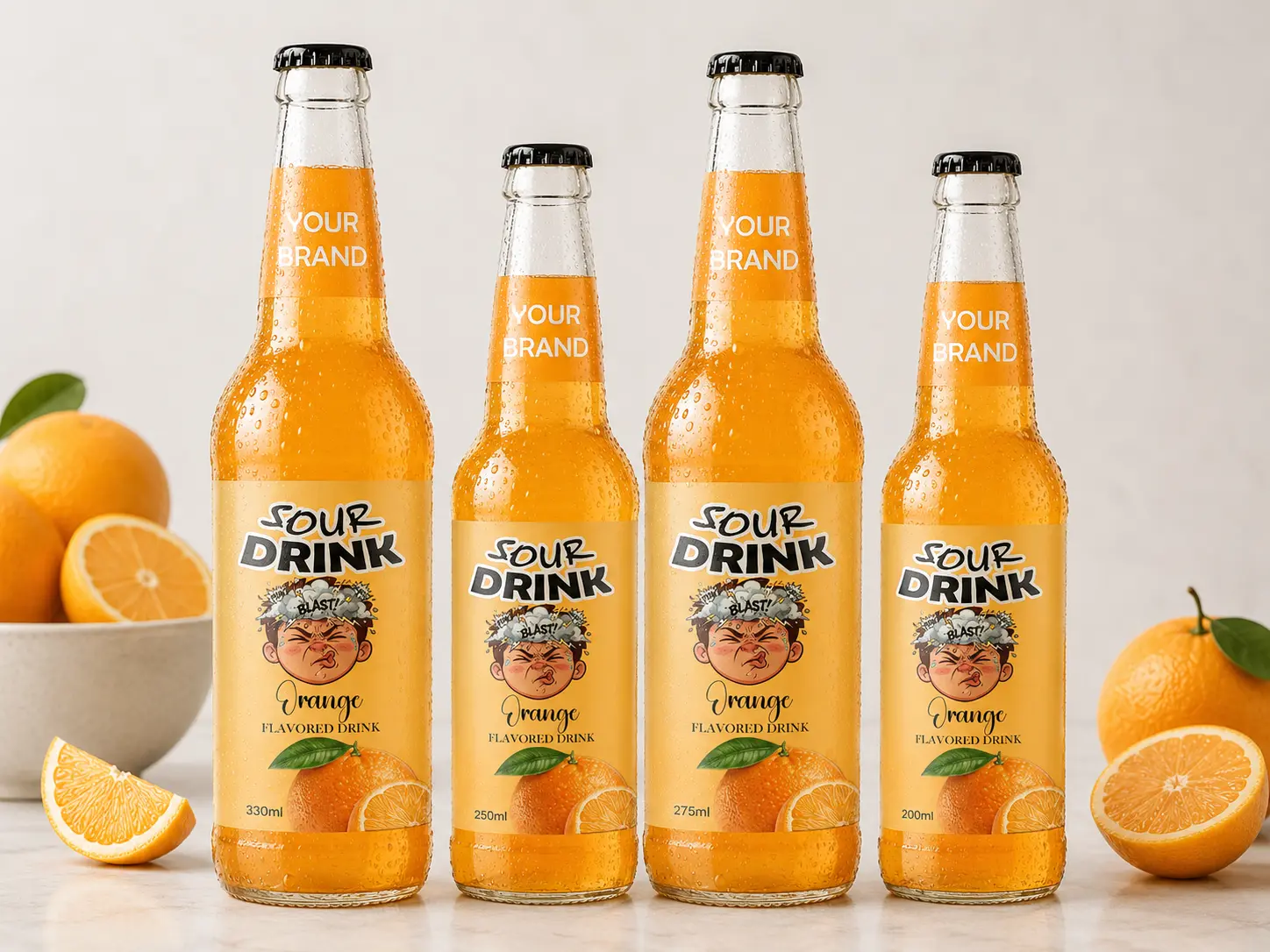 SOUR DRINK Orange Flavored Drink in 330ml, 250ml, 275ml, and 200ml glass bottles.